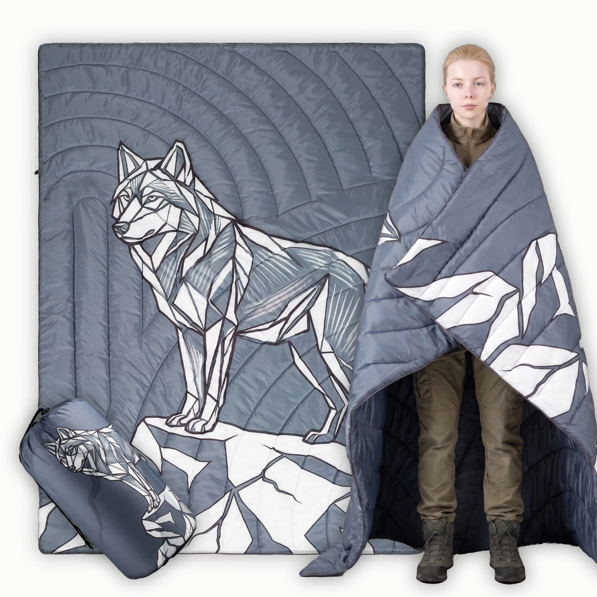 Wolf Graphic Puffy Outdoor Blanket, Portable Foldable Quilted Camping Throw for Hiking, Car, Beach & Sports Events