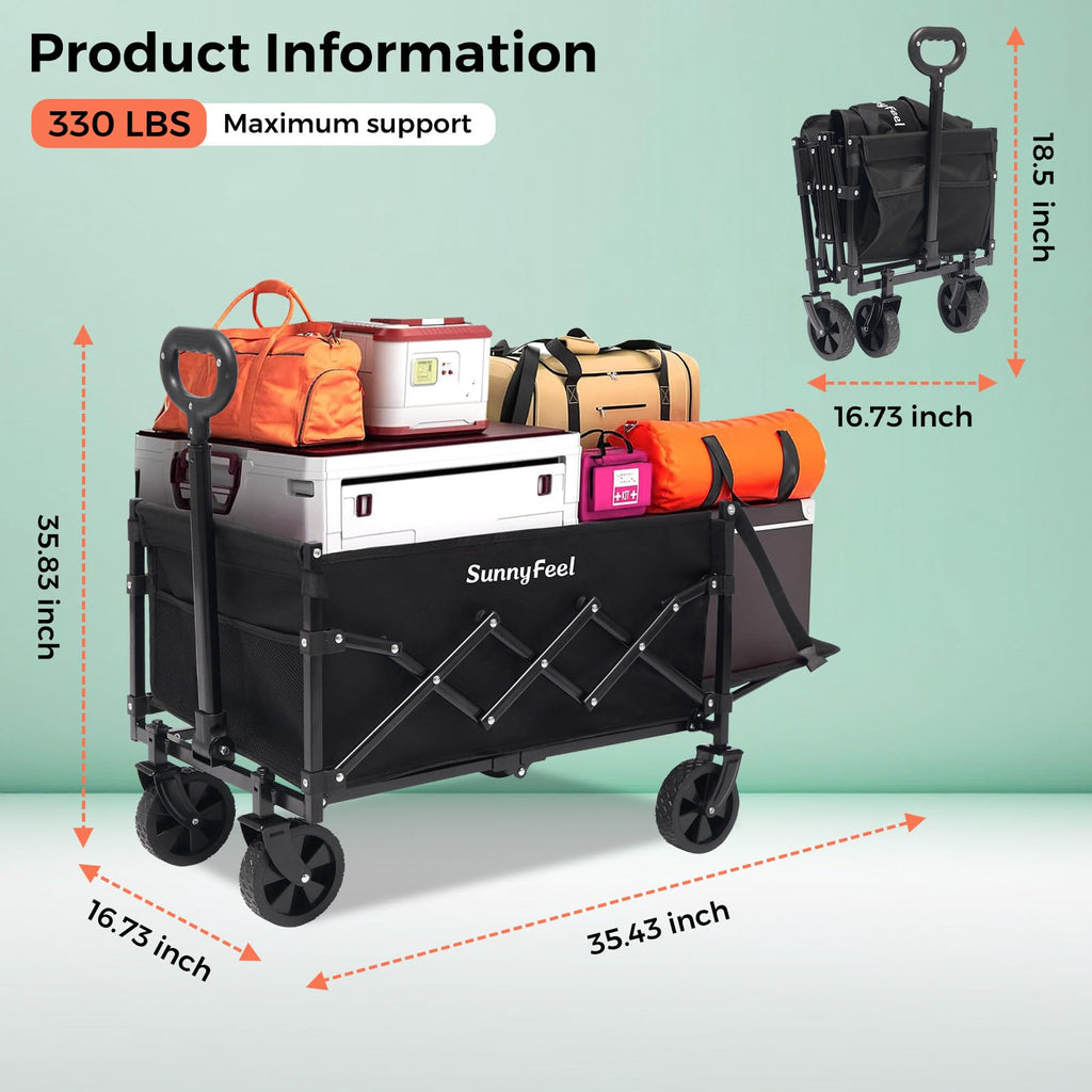 SunnyFeel 330lbs Foldable Wagon with Extended Tailgate — Heavy-Duty Collapsible Cart (Black)